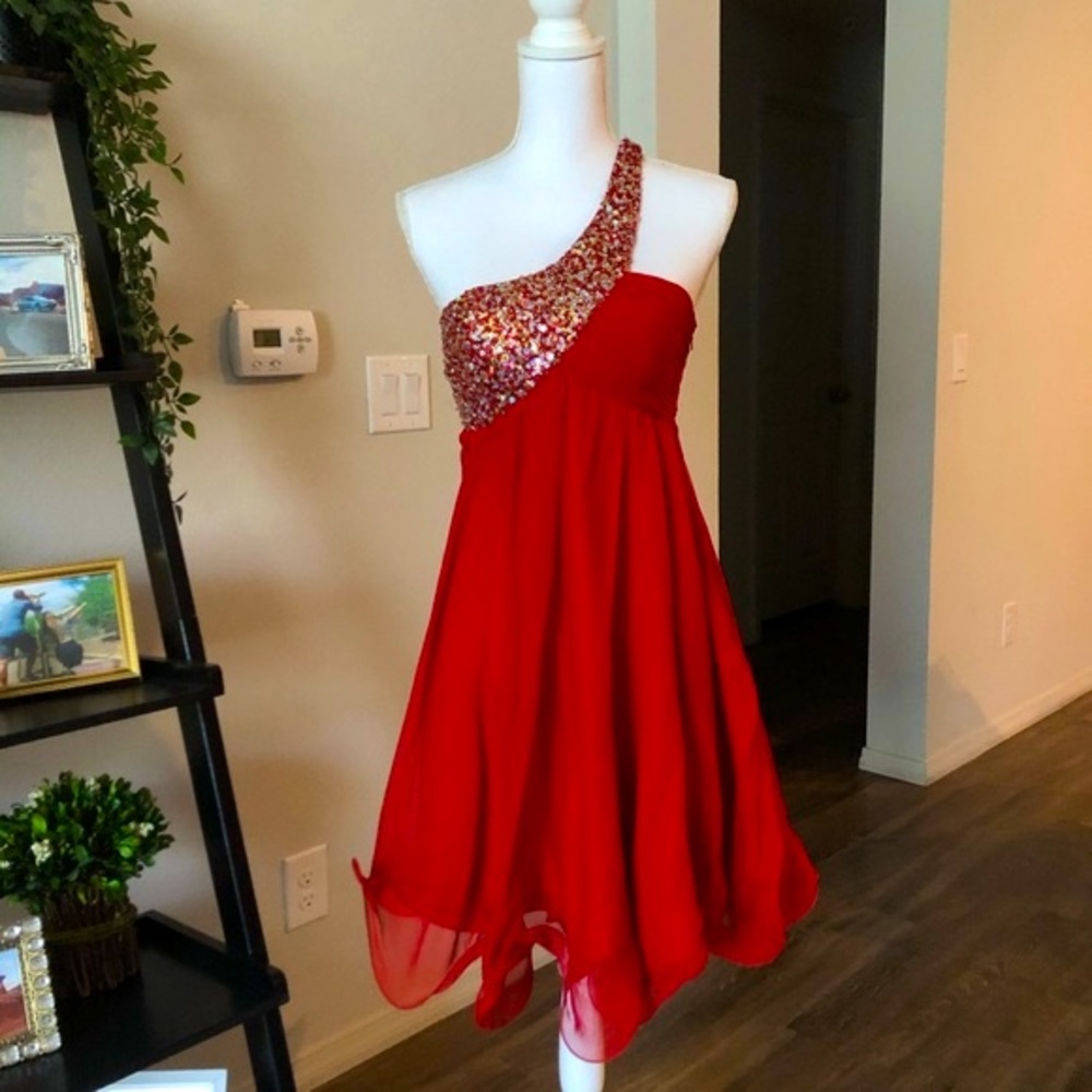 Empire One Shoulder Red Flowy Sequin Dress
